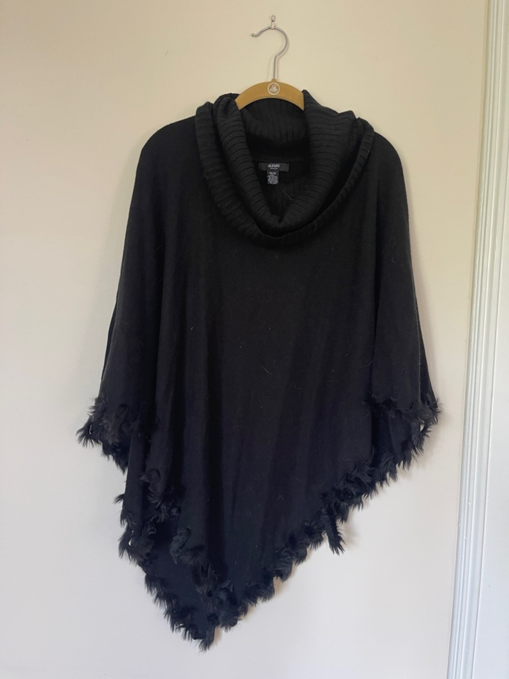 Alfani Black Cowl Neck Poncho with Faux Fur Trim